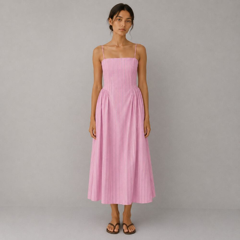 Maeve Sleeveless Fitted A-Line Midi Dress Womens M Pink Striped Pleated Detail